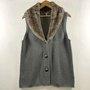 J Jill Womens Faux Fur‎ Collar Knit Cardigan Sweater Vest Sz M Gray Old Money